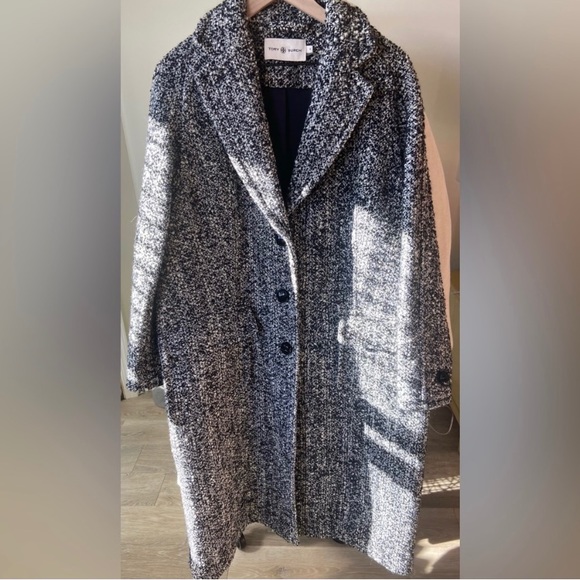 6 🔖 Tory Burch Oversized Tweed Coat Black Grey White - Picture 8 of 16